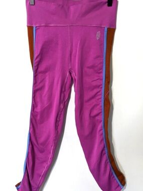Free People Purple Leggings with Brown Side Panels and Blue Trim